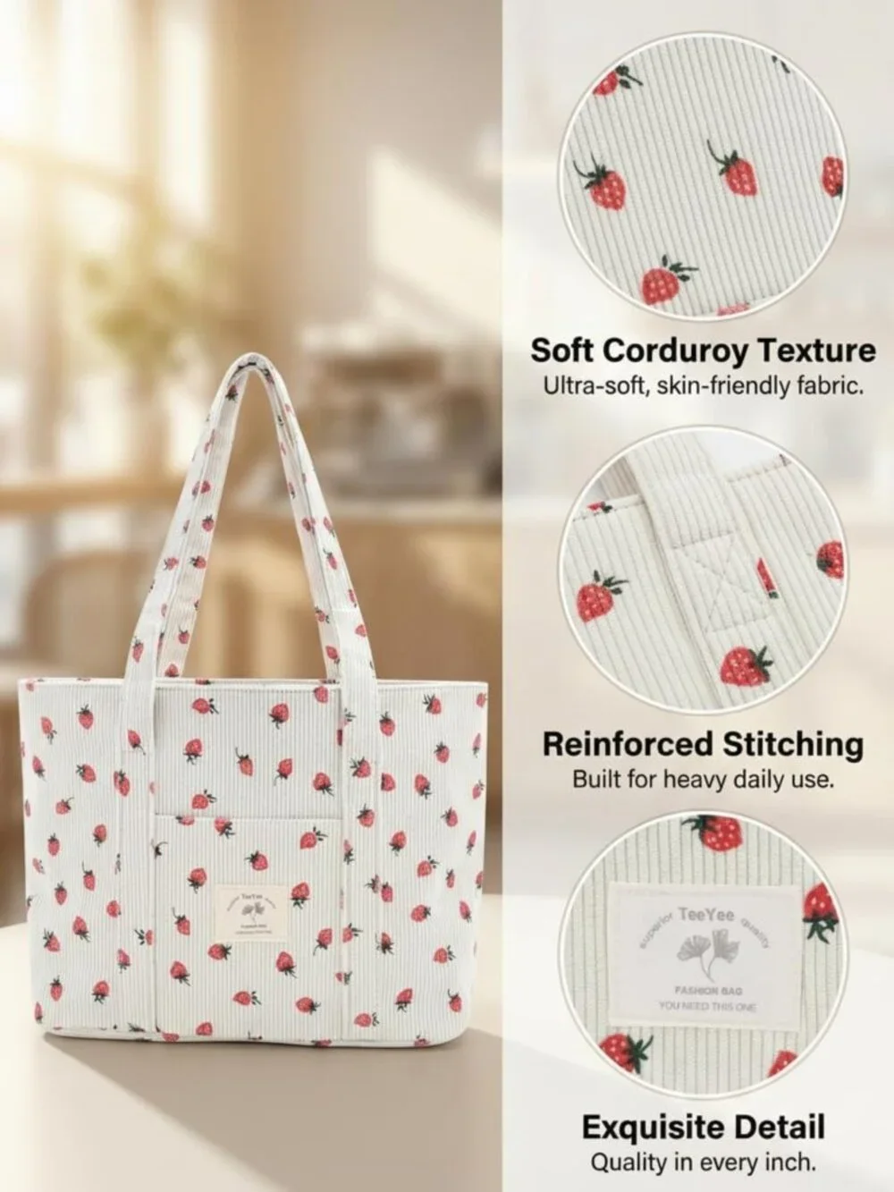 Stylish Large Corduroy Tote Bag - Zippered Shoulder Bag with Pockets for Women